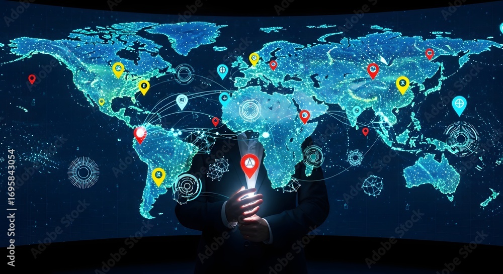 Poster futuristic business intelligence concept with a person analyzing a glowing digital world map of glob