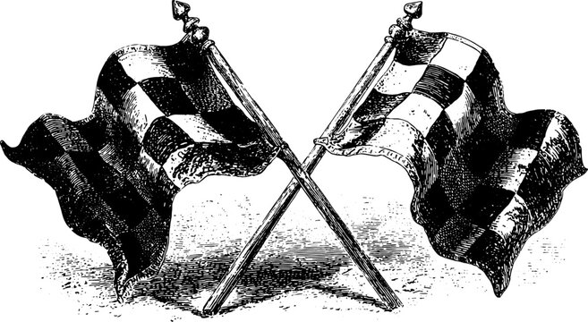 Checkered racing flags crossed in vintage style. Classic black and white sketch vector illustration.