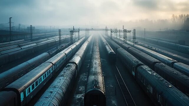 Train Yard at Dawn with Fog and Distant Trees