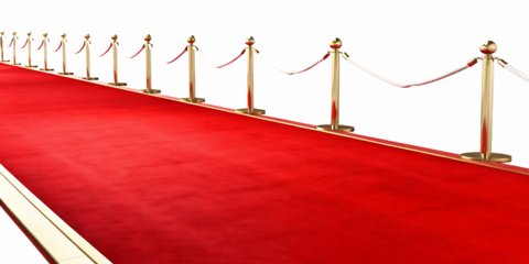 Red carpet with gold stanchions and ropes isolated on a transparent background
