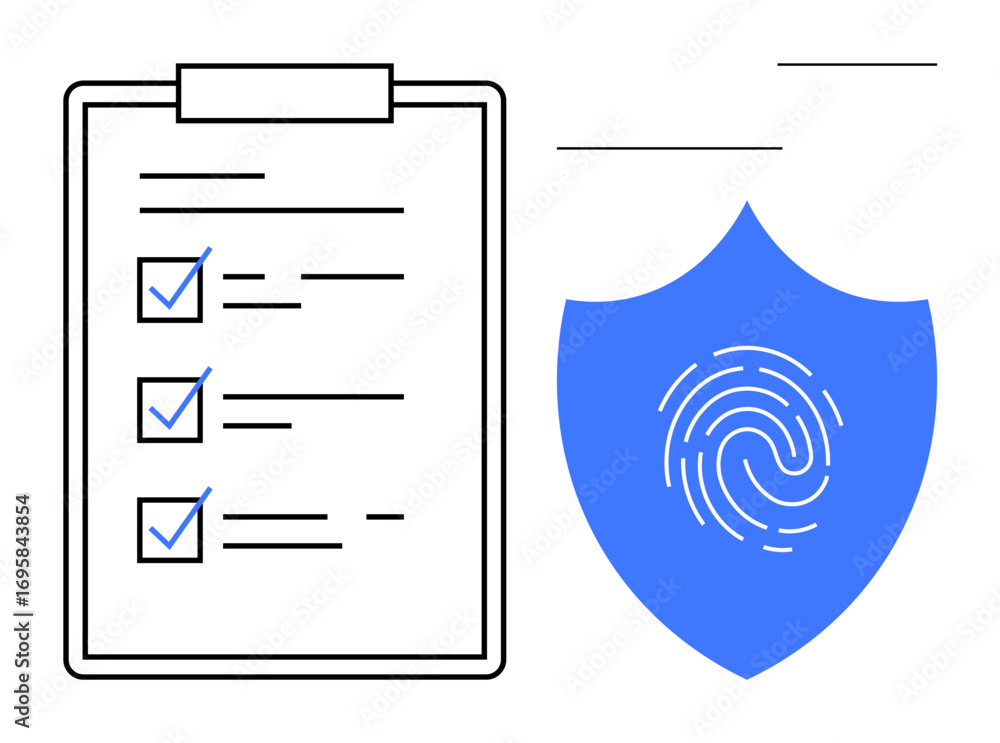 Aufkleber checklist with completed tasks beside blue shield featuring fingerprint pattern. ideal for cybersecu