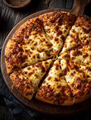 Delicious pizza with golden, crispy crust and bubbling, melted cheese is sliced and ready to serve on wooden board, creating mouthwatering and inviting scene