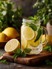 Fresh lemonade with sliced lemon and mint leaves in mason jar on wooden board, surrounded by whole lemons and mint, creating refreshing and vibrant scene