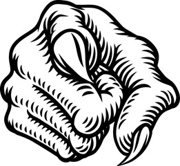 Cartoon Halloween illustration of monster claw hand with sharp nails or talons, pointing directly at viewer.