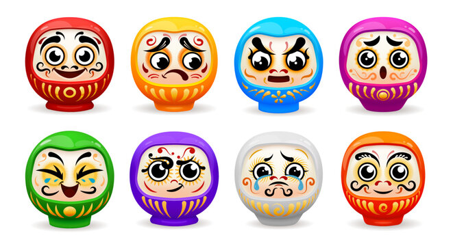 Daruma Japanese dolls displaying unique emotions of happiness, sadness, surprise, anger and confusion. Vector set of cute cartoon lucky charms, traditional japan symbols of perseverance and luck