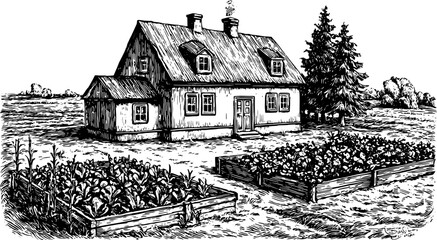 Vintage house and garden in outline style. Black and white vector illustration showcasing a rural landscape with crops and trees.