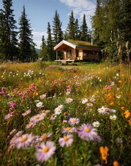 Wooden Cabin nestled in a Vibrant Wildflower Meadow