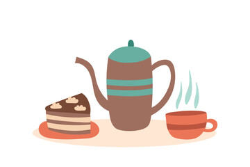 A coffee and a tea concept. Сoffee pot or teapot with a cup of beverage and a cake. Vector flat template. Concept of taking a break.