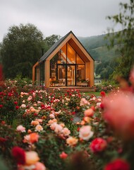 Modern Glass and Wood Cabin Amidst a Rose Garden