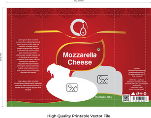 High-quality vector packaging design template for mozzarella cheese. Editable food packet mockup featuring modern layout, vibrant red and green color scheme, and realistic cheese imagery. Perfect for 