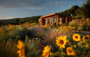 Wooden Cabin nestled in a Vibrant Wildflower Meadow at Sunset