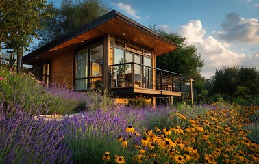Modern Wooden Cabin nestled in a Lavender and Yellow Flower Garden