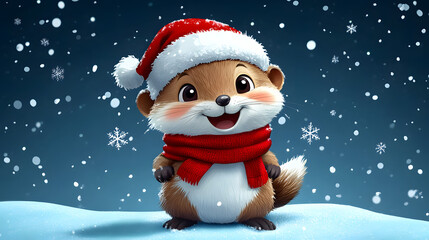 Fototapeta premium Cheerful cartoon animal in a red scarf and Santa hat celebrating winter in a snowy landscape