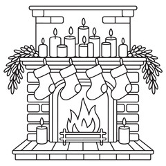 Fireplace with Christmas Stockings Coloring Page Line Art