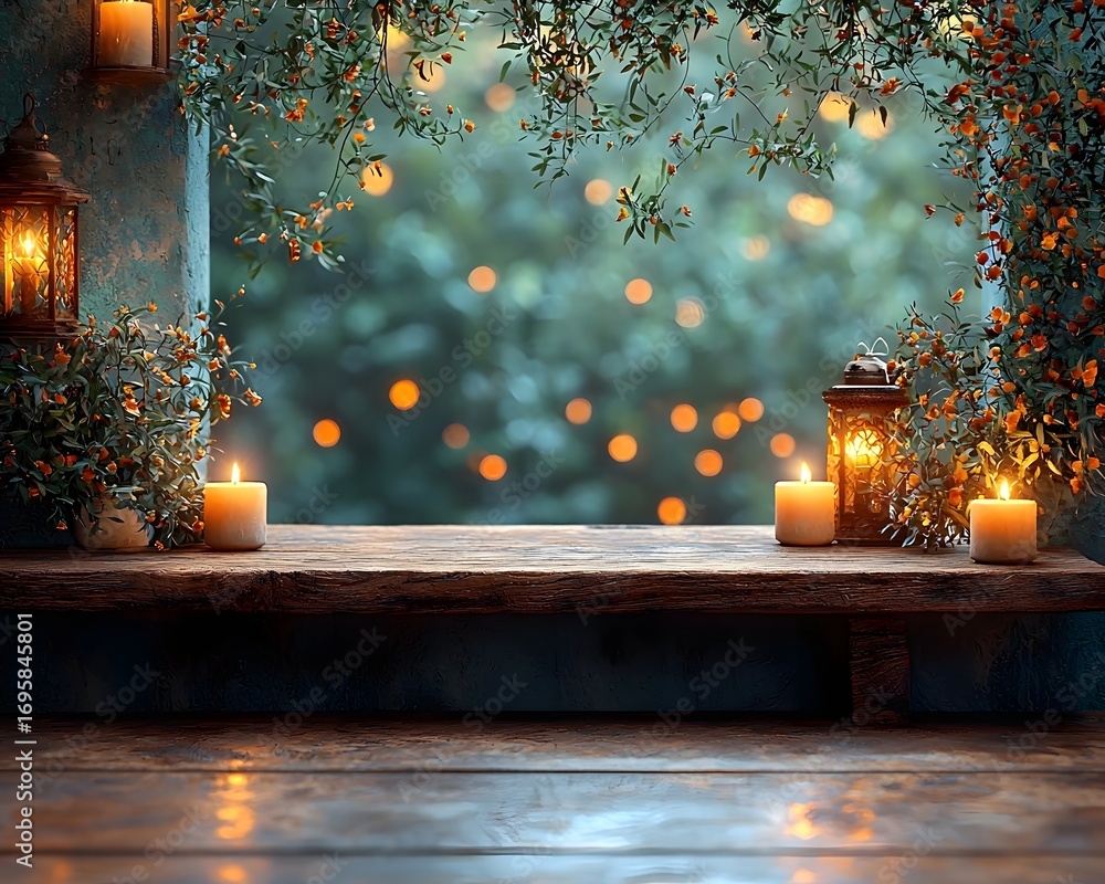 Poster rustic wooden shelf with glowing lanterns and candles creating a warm festive atmosphere