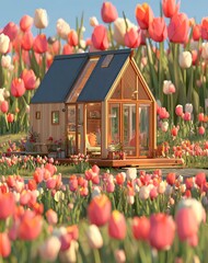 Small Wooden House Amidst a Field of Pink and White Tulips