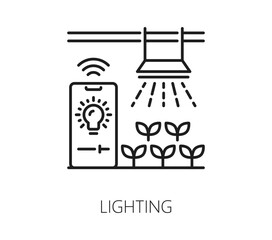 Smart farm icon, farmer agriculture robot technology of lighting for plants crop, vector line symbol. Smart farm icon of plantation lighting for agronomy and farming with digital automation control