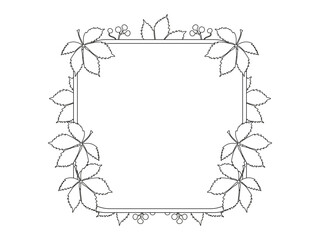 Autumn wild grapes leaf frame with an empty space for text, one line art