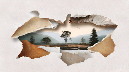 Torn paper revealing serene landscape with mountains, trees, and a calm river, creating a sense of depth and exploration in nature's beauty and tranquility