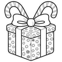 Christmas Gift Box with Bow and Candy Canes Line Art Coloring Page