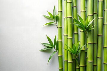 Fresh green bamboo stems with leaves on white surface, copy space available