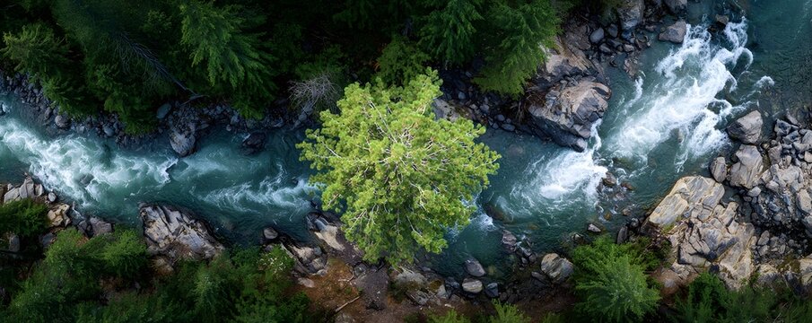 An aerial view showcases a vibrant green tree standing beside a rushing river in a lush forest - Powered by Adobe