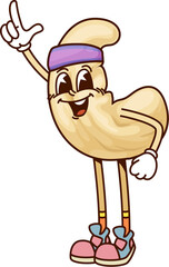Cartoon groovy cashew nut character on fitness. Diet healthy food, vegan nutrition happy retro vector cheerful personage. Cashew nut cute Y2K groovy character or isolated mascot in fitness headband