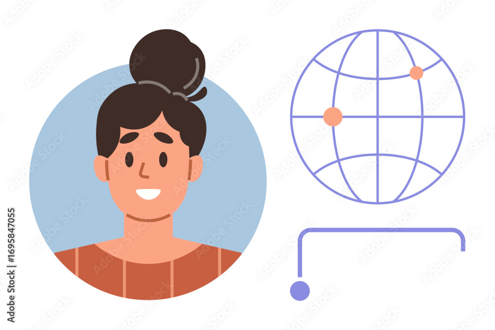 Aufkleber smiling woman in profile circle beside abstract globe with location markers and connecting line. ide