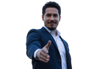 Confident hispanic man offers handshake in professional business attire outdoors transparent background