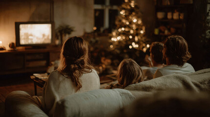 joyful family gathers around television to enjoy heartwarming christmas movie together