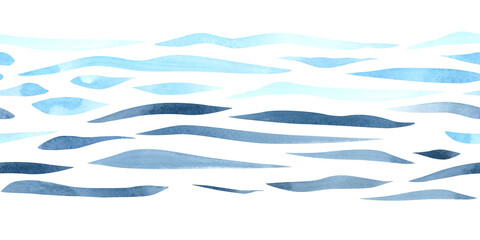 Seamless border with abstract blue waves, lines, stripes, stylized water. Hand drawn watercolor illustration of sea geometric print on white background. Chaotic drawing for textile, fabric, packaging.