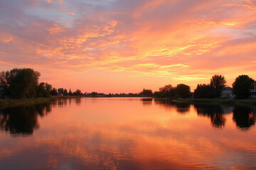 Obraz premium tranquil summer sunset illuminating calm river with colorful reflections dancing on water surface