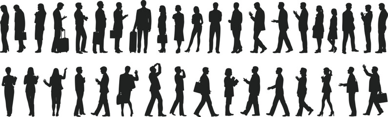 Urban commuter silhouettes, business people, mobile phone users, standing poses, vector illustration, professional crowd, black icons