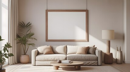Blank wooden picture frame mockup hanging in a modern sunlit living room with a beige sofa and plants for home decor display