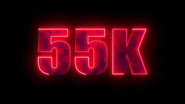 55k glowing neon red typography, futuristic milestone number design for online subscribers growth, social media celebration and community achievement