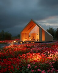 Illuminated Wooden Cabin Amidst a Field of Red and Pink Roses at Dusk