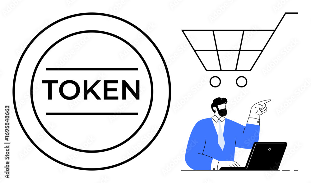 Poster circular token graphic next to a businessman pointing while using a laptop under shopping cart outli