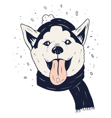 Cheerful Canine in Winter Apparel: A happy husky dog is depicted, adorned with a cozy scarf and hat, playfully sticking out its tongue.