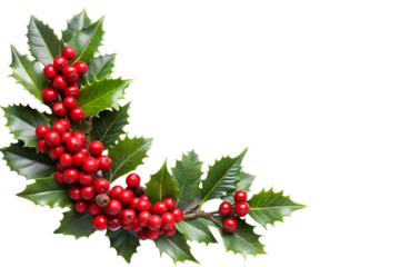 Festive Holly Berry Branch with Green Leaves on Transparent Background