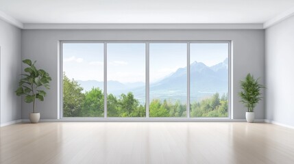 Fototapeta premium Modern Interior with Large Windows and Scenic Mountain View in Bright Room