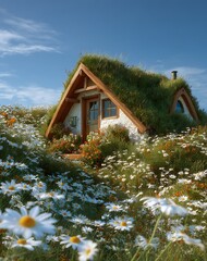 Small Cottage Amidst Daisies Under Sunny Sky