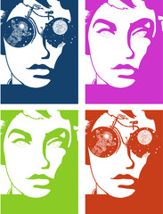 Visionary Portrait: This vivid piece presents a striking quartet of portraits, each rendered in a unique, striking hue, featuring the image of a person, their eyes enhanced with celestial imagery.