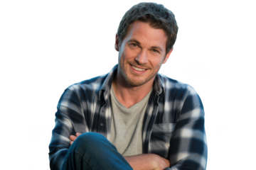 Man in plaid shirt smiling, isolated on transparent background