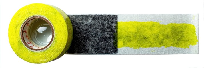 Rolled yellow tape with a dark gray stripe and a blotch of yellow