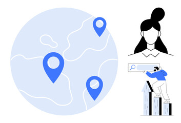 Map with location markers, woman portrait, man searching using magnified screen, buildings. Ideal for navigation, global reach, data analysis, teamwork, research technology simple flat metaphor