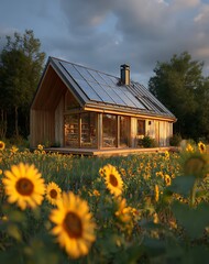 Wooden Cabin Amongst Sunflowers at Sunset