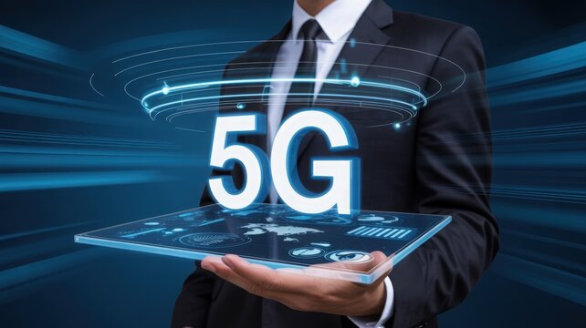 5G Technology Concept with Businessman Holding Tablet - Powered by Adobe