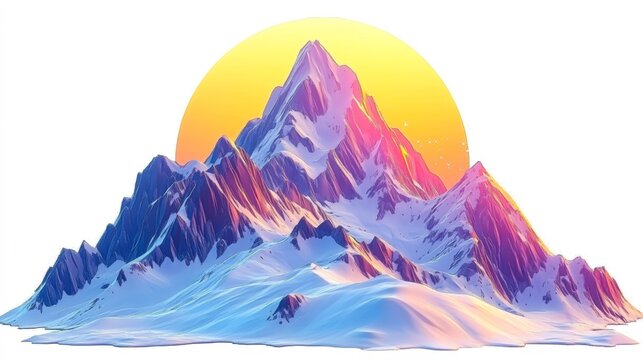 A vibrant digital illustration of jagged mountains under a glowing sun with a pastel color scheme, Ideal for travel blogs, adventure promotions, or inspiration in design projects,
