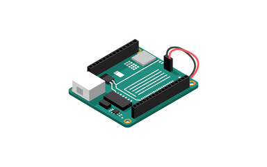 Isometric Arduino Board Illustration: A Versatile Microcontroller Platform for Electronics Projects, IoT, and Embedded Systems Prototyping with Wires and Components.