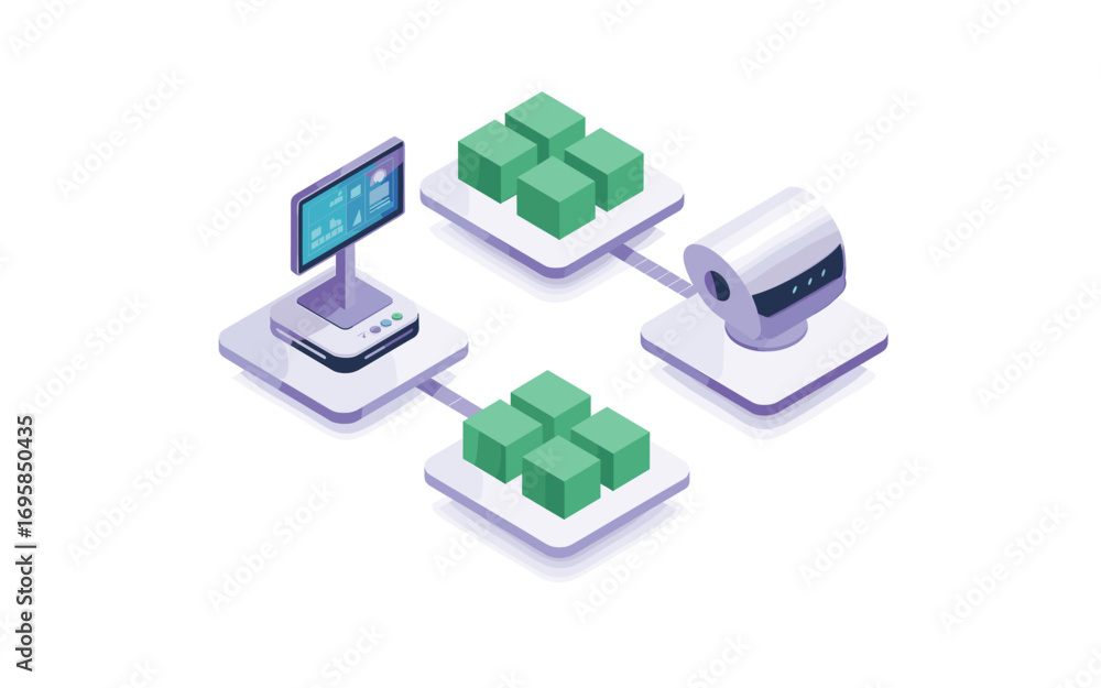 Fototapete isometric ai data network: cloud servers, robot automation, and data analysis interface for modern t